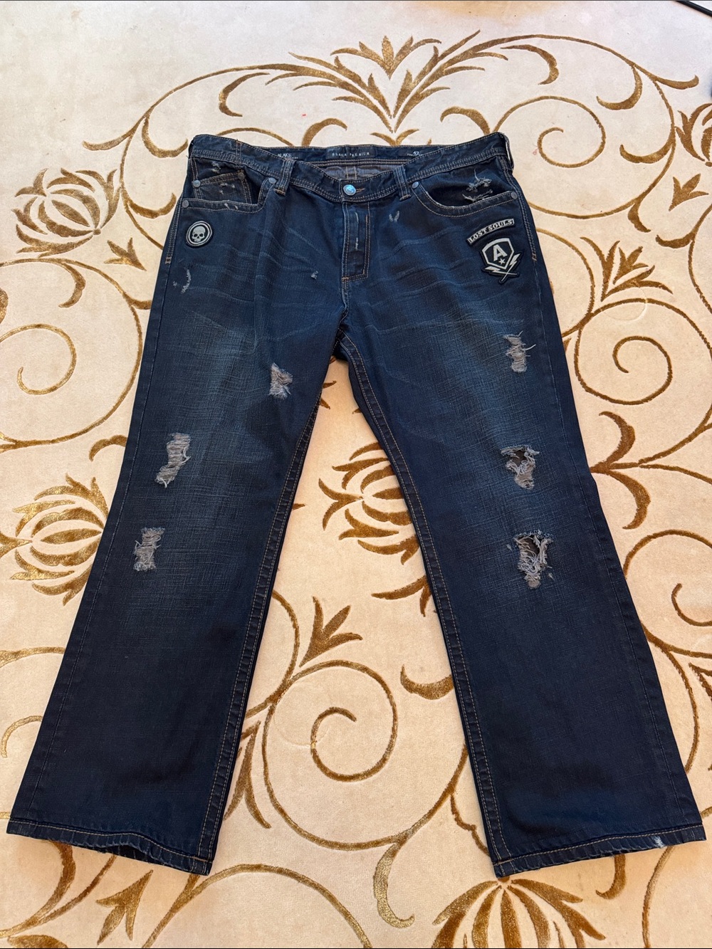 Affliction Distressed Dark Blue Straight Jeans with Embroidered Patches